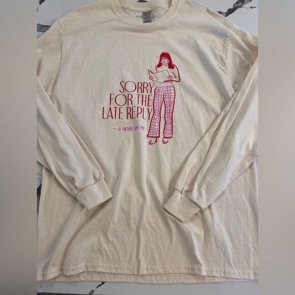 Cream Long Sleeve Graphic Tee with Red Print - Picture 1 of 5